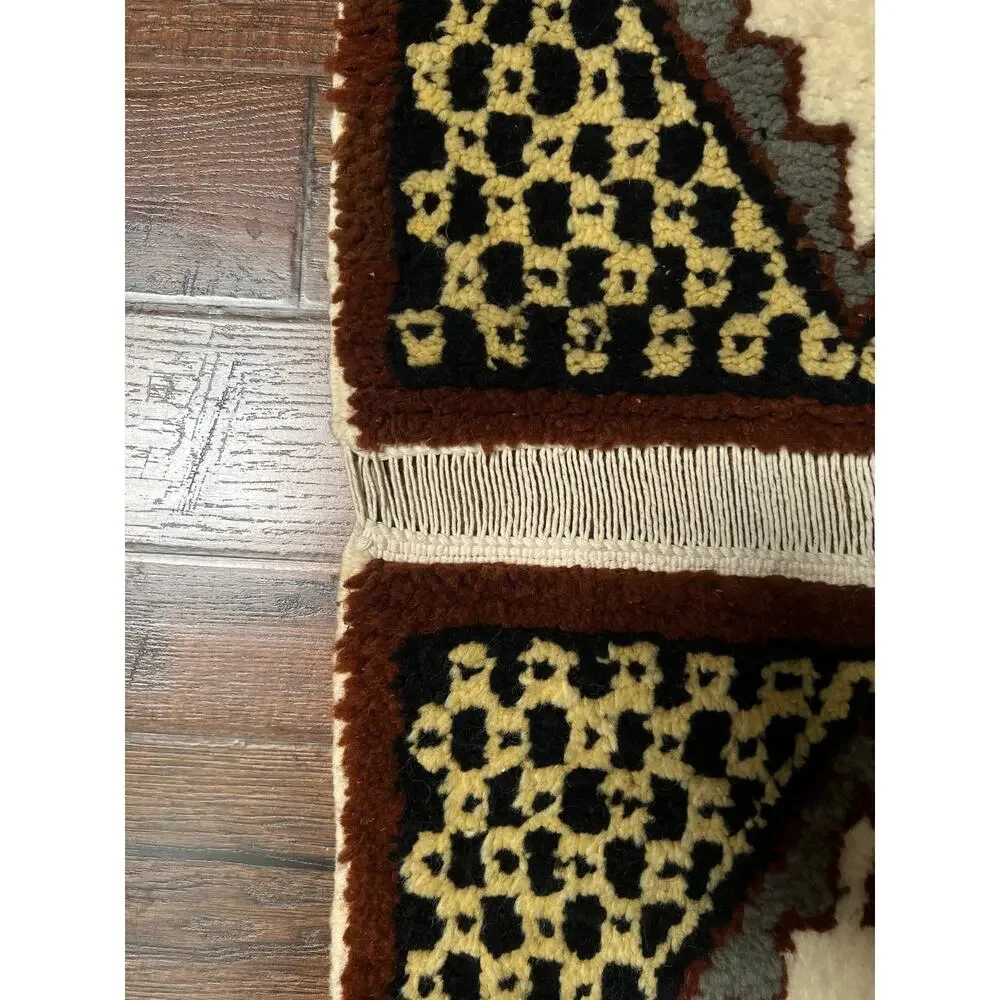 Vintage Wool Wall Hanging Crewel – Geometric Double Panel Tapestry with Fringe